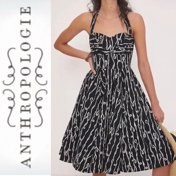 Anthropologie Grapic Print Black/White Halter Dress with Full Swing Skirt- 6 - Picture 14 of 14